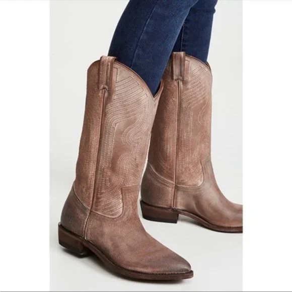 1990s Frye Vintage Banana Tan Leather Pull On Low Heel Western Boho Cowboy Boot - Picture 3 of 14